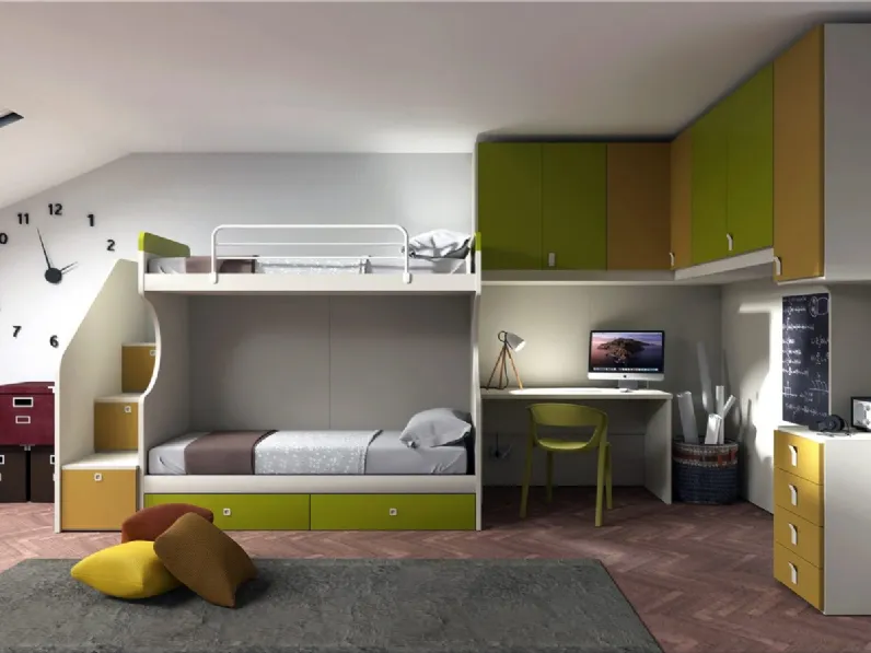 Cameretta con letti a castello e armadio a ponte con scrivania Teen T07 di Marka Total Living