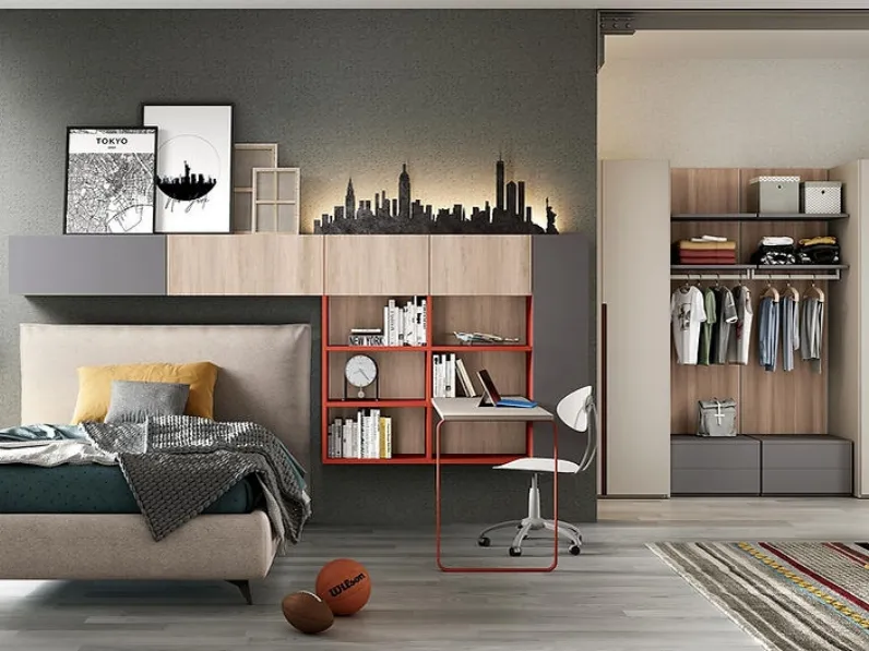 Cameretta per ragazzi Teens 01 con libreria sospesa e scrivania integrata di Foresi Mobili