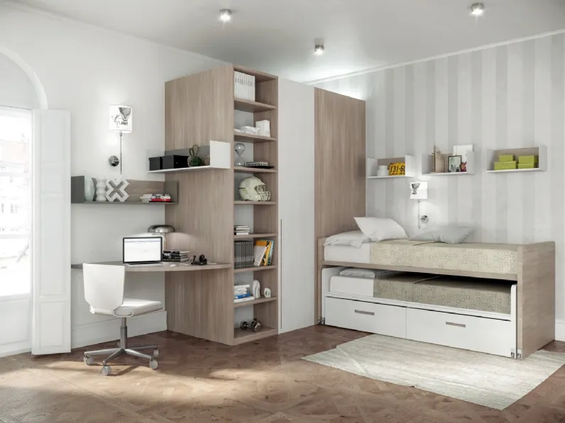 Cameretta in melaminico olmo bio e olmo calce con secondo letto estraibile Comp 370 di Tumidei