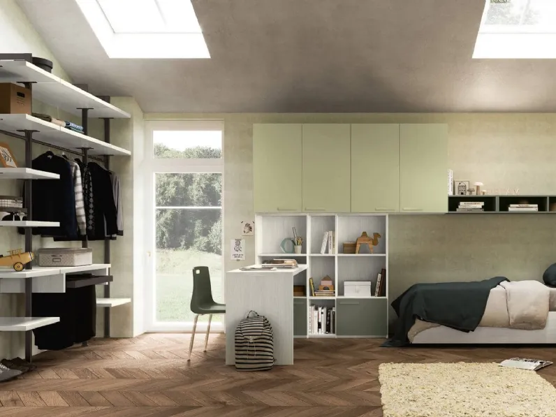 Cameretta a ponte Y108 in laccato verde militare e melaminico di Lestro