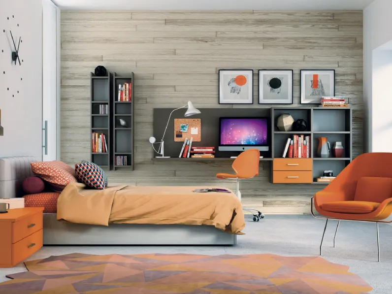 Cameretta componibile Young 305 in finitura Grafite e Mandarino di Ime Arredamenti