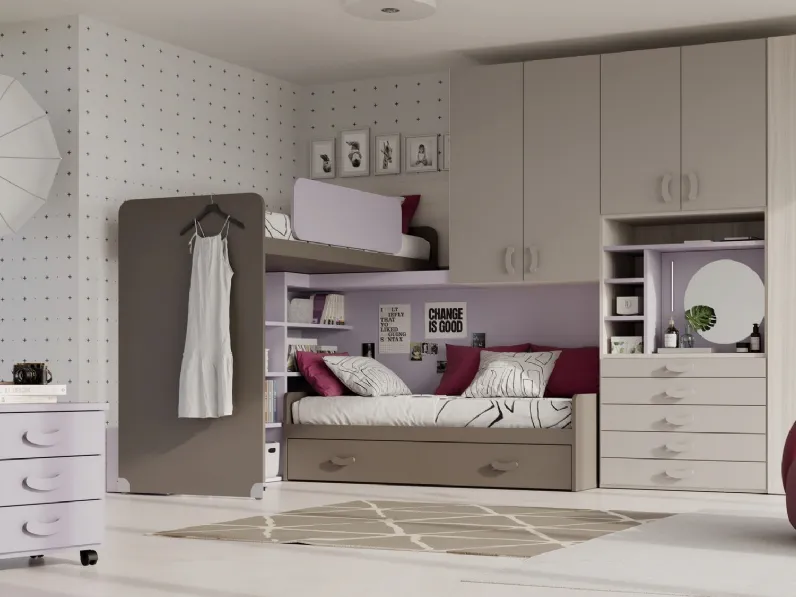 Cameretta a soppalco Young 333 in finitura betulla, Lilla, Grigio Seta e Sabbia di Ime Arredamenti