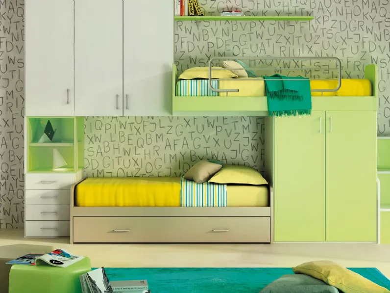 Cameretta a soppalco Young 335 in finitura Betulla, Verde Mela e Corda di Ime Arredamenti