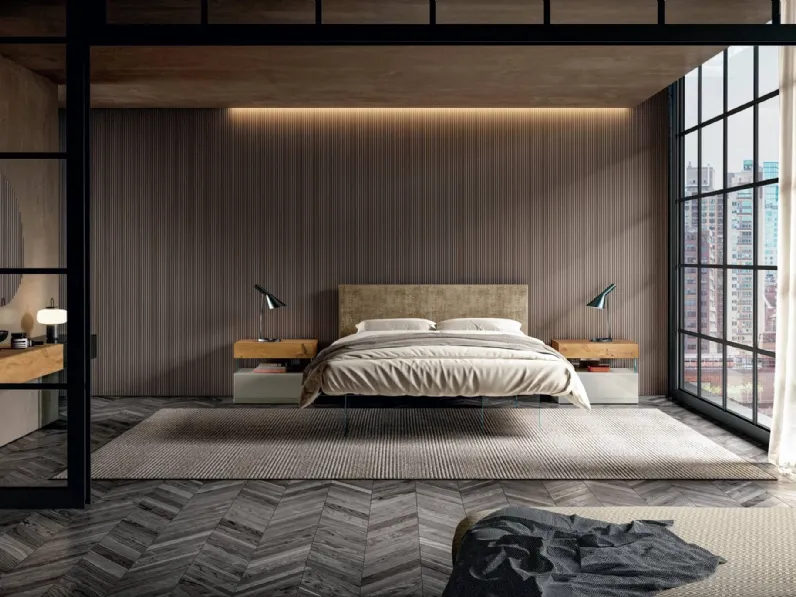 Letto Air 1501 in tessuto imbottito con base in vetro di Lago