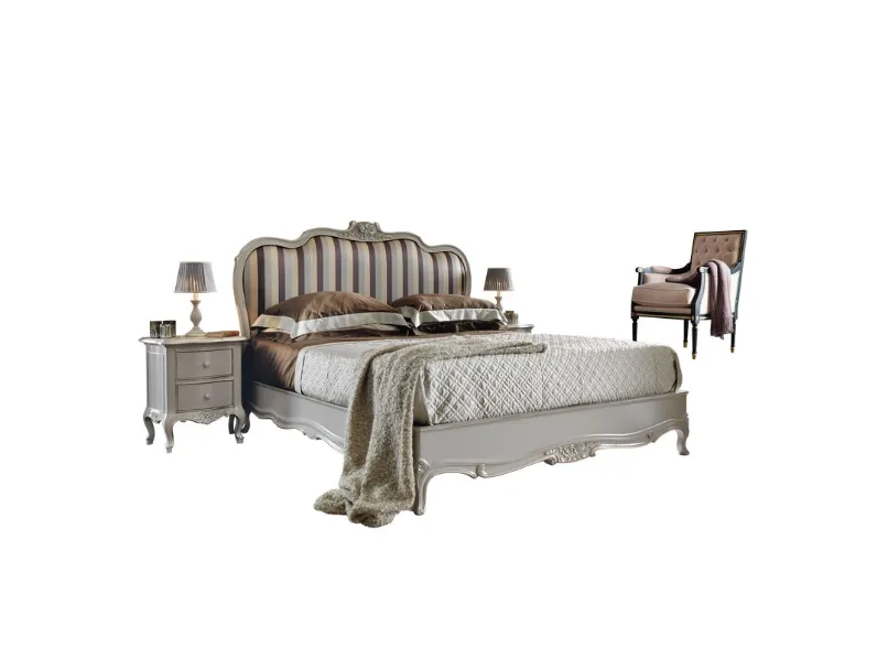 Letto imbottito con testiera in tessuto a righe e legno intagliato Art 2524 di Vittorio Grifoni