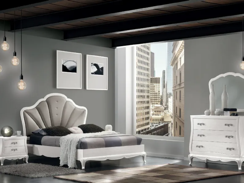 Letto in legno di frassino spazzolato con testiera imbottita in ecopelle con cristalli Swarovski Iris di Euromobili