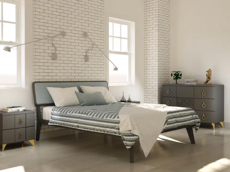 Letto in legno con testiera in microfibra trapuntata a rombi Murano di Euromobili