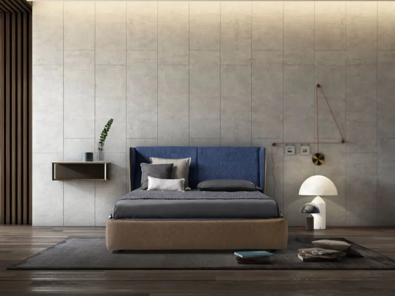 Letto di design con doppio rivestimento in pelle e tessuto e box contenitore Relax di Novaluna