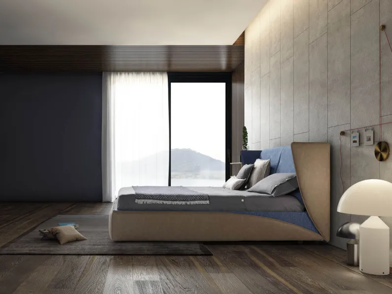 Letto di design con doppio rivestimento in pelle e tessuto e box contenitore Relax di Novaluna