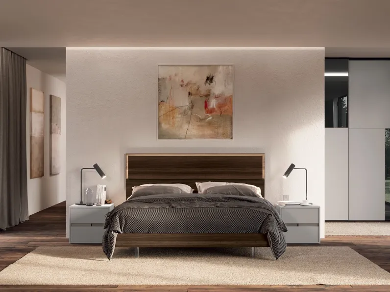 Letto matrimoniale con testiera in nobilitato Eucalipto con inserto dotato di illuminazione integrata Soave di Febal Casa