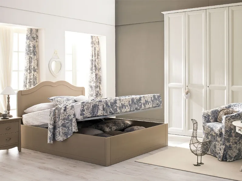 Letto in legno con contenitore Tortora e Perla di Tempora Country