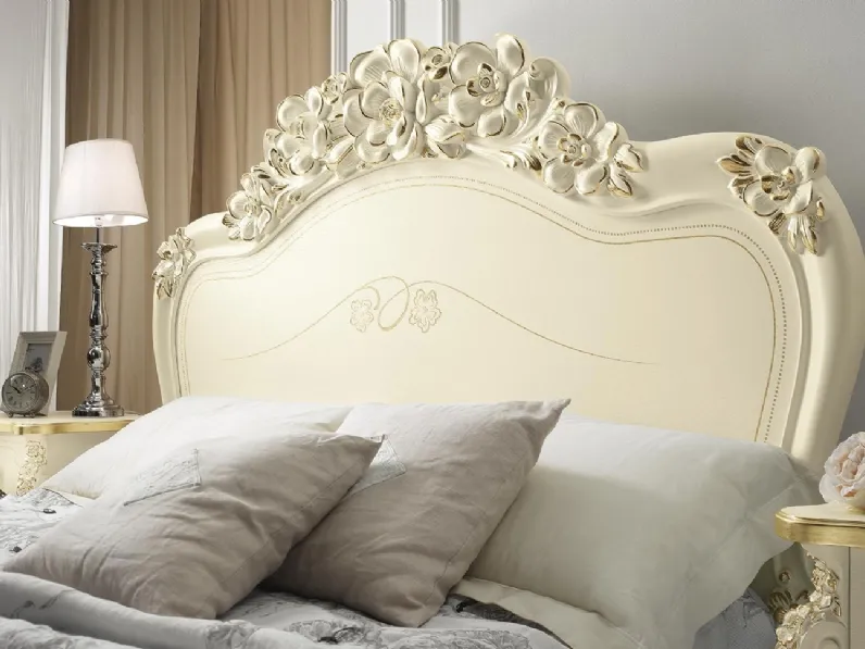 Letto Viola Luxor con testiera intarsiata e lavorata in foglia d'oro di Mobil Più