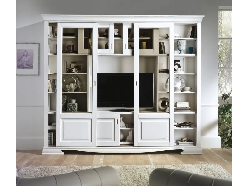 Libreria con vano porta TV in legno laccato a 6 ante scorrevoli 3255-A di Zanini