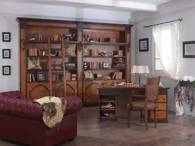 Libreria a muro in legno intarsiato con scala Classico 01 di Salaiolo