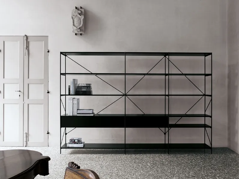 Libreria divisoria XY configurazione 30 in alluminio con ripiani in vetro di Extendo