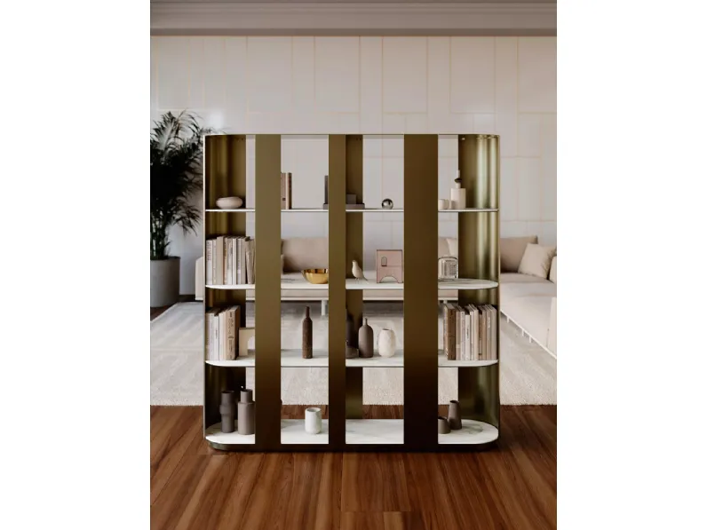 Libreria divisoria Helena in metallo laccato con ripiani in SuperMarmo di Bontempi