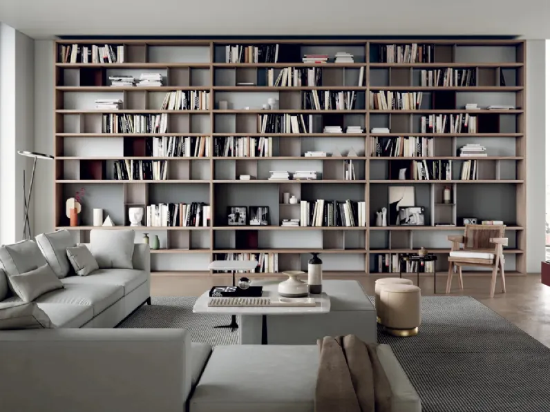 Libreria modulare MOOD 03 in nobilitato noce con box in metallo laccato opaco di Dielle Modus