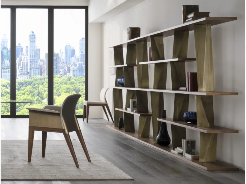 Libreria modulare divisoria di design composta da ripiani in legno e divisori in vetro finitura Bronze Prisma di Reflex