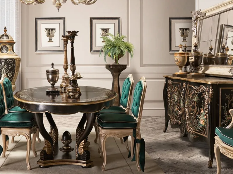 Madia classica in legno laccato scuro con decorazioni floreali dai colori vivaci Art 0002 di Vittorio Grifoni