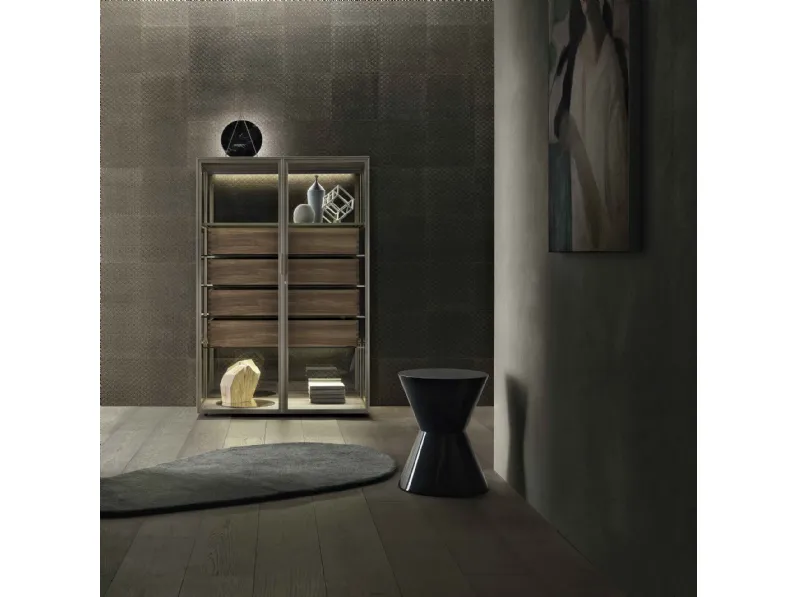 Madia Alambra Alta in vetro e metallo con cassetti in Noce di Rimadesio