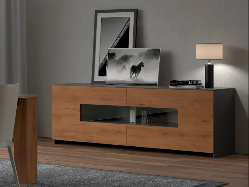 Madia Aliante con frontale in Legno con inserto orizzontale in Vetro di Linegianser