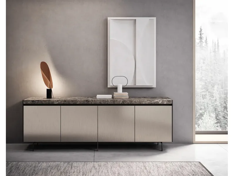 Madia Bluna Tech in finitura alluminio champagne e top in gres di Binova