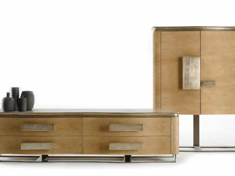 Madia in legno massello d'acero con maniglie e top in foglia argento Art C003 e C010 di Vittorio Grifoni