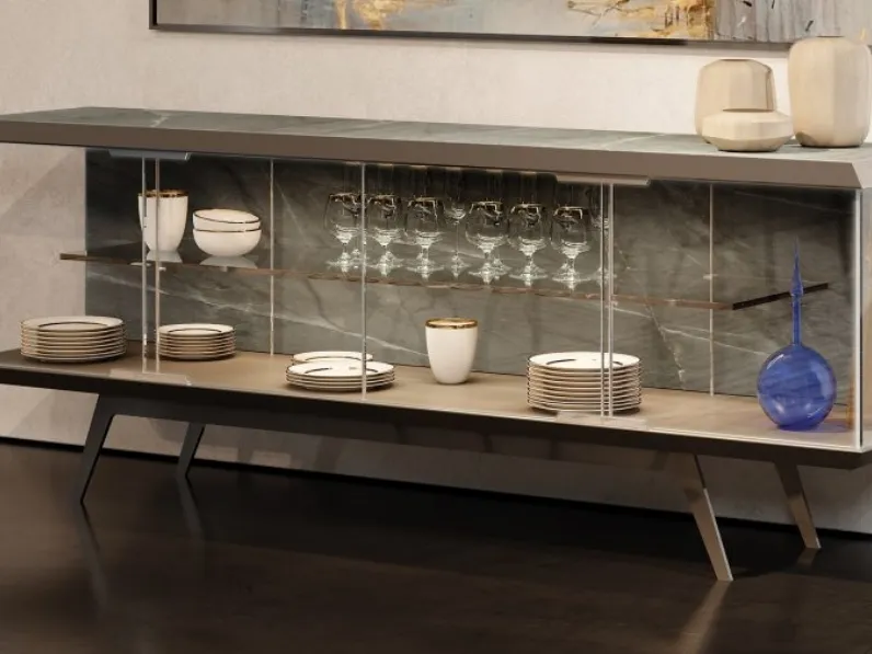 Madia in vetro con top e schiena in MarmoReflex e base in metallo London Buffet di Reflex