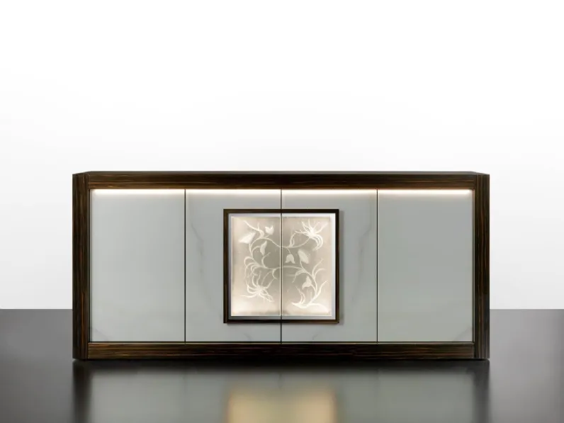 Madia in legno laccato lucido con ante rivestite in vetro Marmo con formella in vetro con incisione artistica Palazzo Ducale Credenza di Reflex