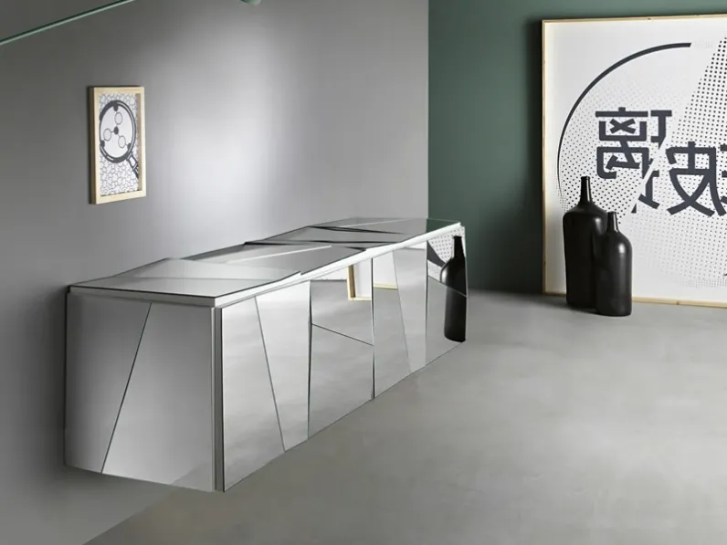 Madia sospesa in vetro a specchio con ante, top e fianchi realizzati con pannelli concavi e convessi Psiche di Tonelli