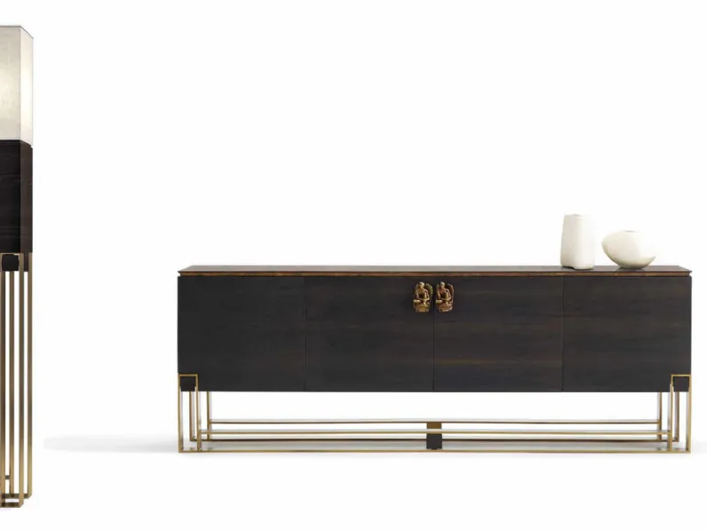 Madia in legno massello di noce fossile con gambe, top e maniglie in foglia oro Art S001 di Vittorio Grifoni