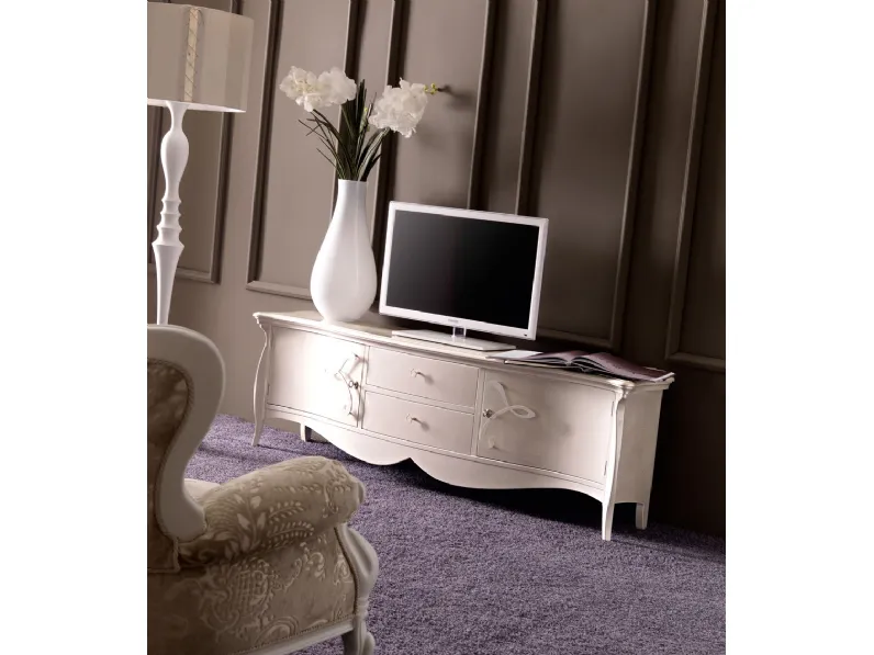 Madia con ante e cassetti in multistrato di pioppo curvato, placcato MDF laccato opaco e maniglie decorative in ferro taglio laser Sofia di Cortezari