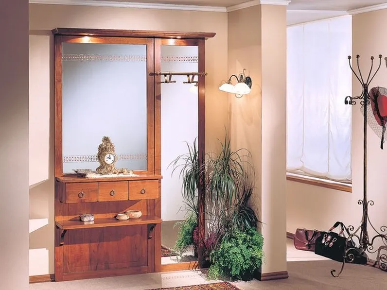 Mobile ingresso Butterfly 03 in legno massello con due specchi e appendiabiti di Bamart