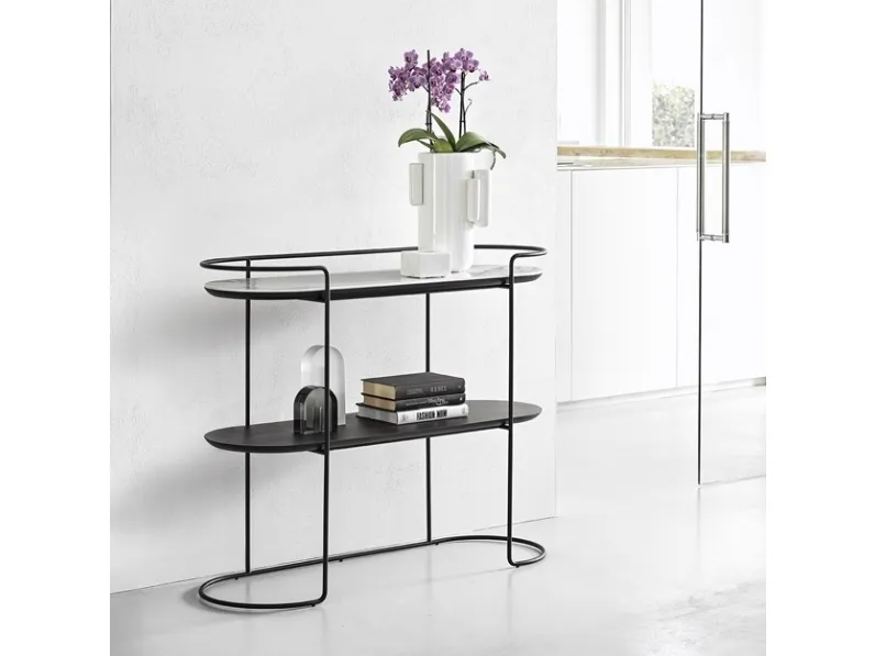 Mobile ingresso in tondino di metallo con piano superiore in ceramica e piano inferiore in legno Atollo di Calligaris