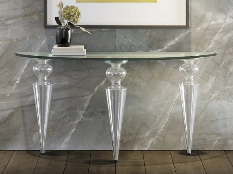 Consolle con gambe in vetro di Murano rigato trasparente e top in vetro sagomato Gran Canal di Reflex