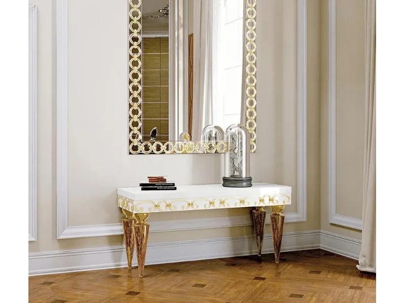 Mobile ingresso in legno e rivestimento in specchio extrachiaro con decori in vetro di Murano e gambe in vetro rigato oro Casanova di Reflex
