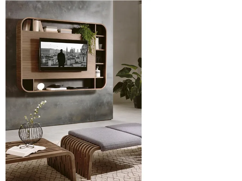 Mobile Porta Tv a muro in legno con libreria dalle forme arrotondate Vision TV di Pacini e Cappellini