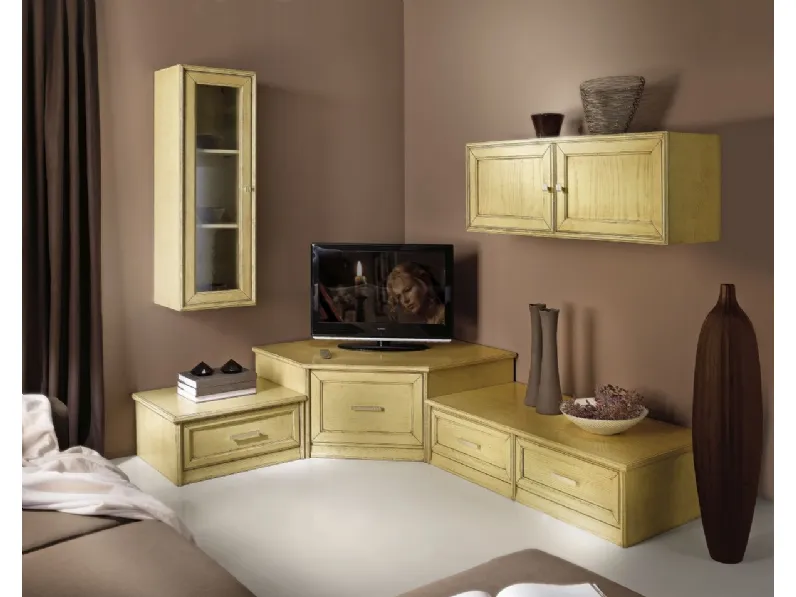 Parete Attrezzata Angolare in Frassino con base a 4 cassetti di Zanini