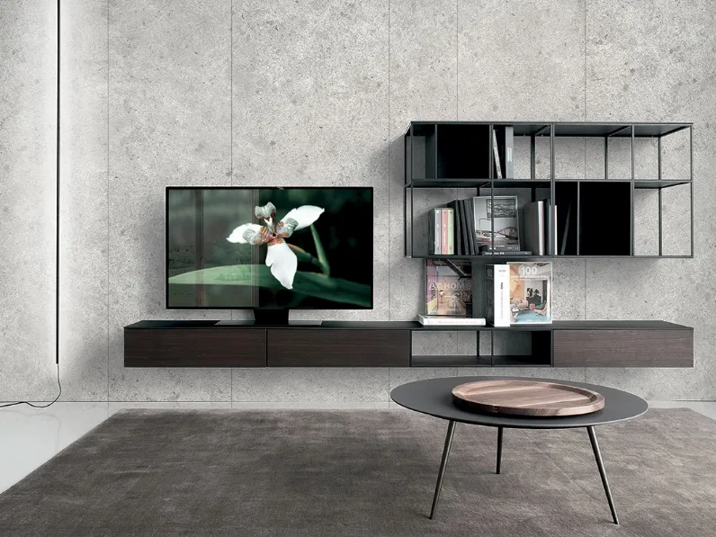 Parete Attrezzata in HPL rovere affumicato con ripiani in acciaio Atelier configurazione 06 di Extendo