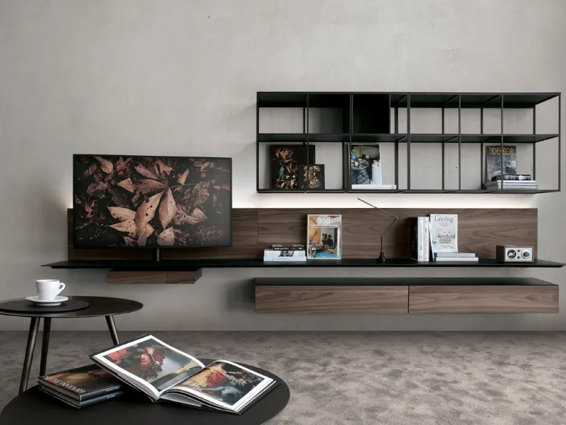 Parete Attrezzata in HPL effetto Noce con ripiani in acciaio Atelier configurazione 11 di Extendo