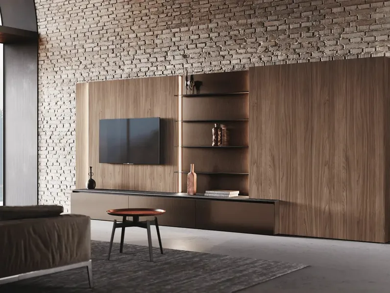 Parete Attrezzata Bluna Tech in finitura alluminio brunito e legno di Binova