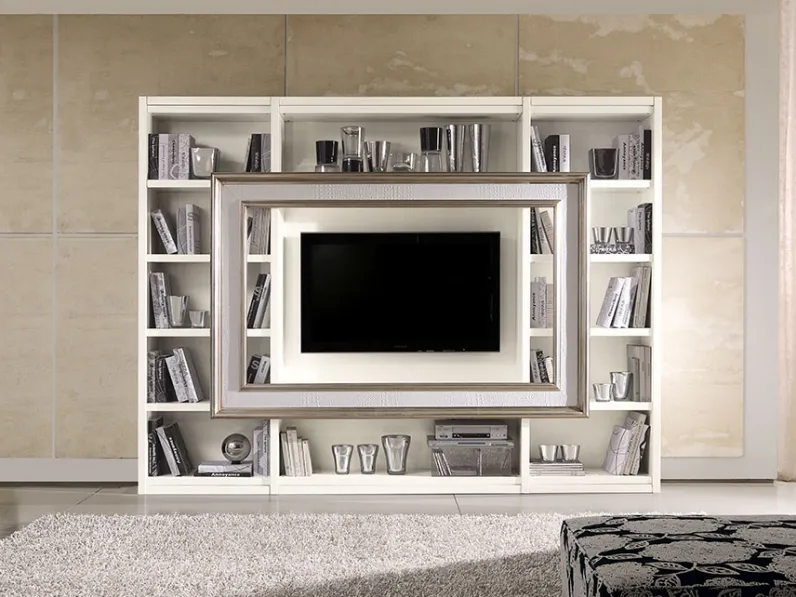 Parete Attrezzata Archimede City C5021 in legno laccato opaco e foglia argento di Betamobili