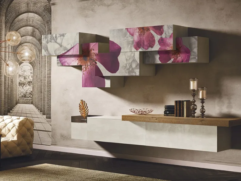 Parete Attrezzata Club Decor Living Fantasy of Flower B in spatolato bianco con decoro di 2B Italia