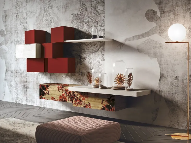 Parete Attrezzata Club Decor Living Flora B in quercia con decoro e laccato di 2B Italia