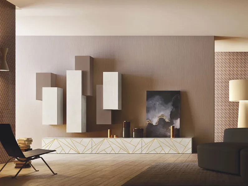 Parete Attrezzata Club Decor Living On lines con decoro su spatolato bianco di 2B Italia