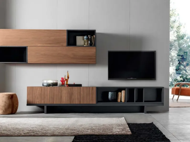 Parete Attrezzata in noce canaletto finitura antracite e havana Composizione 90A di Modesign