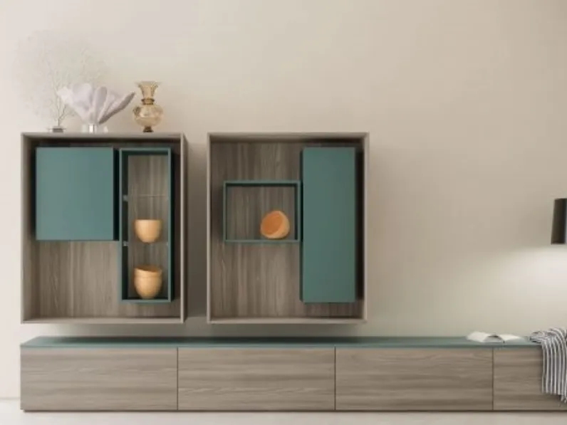 Parete Attrezzata Composizione Day M02 in melaminico Forestal Brown e laccato Pavone di Marka Total Living