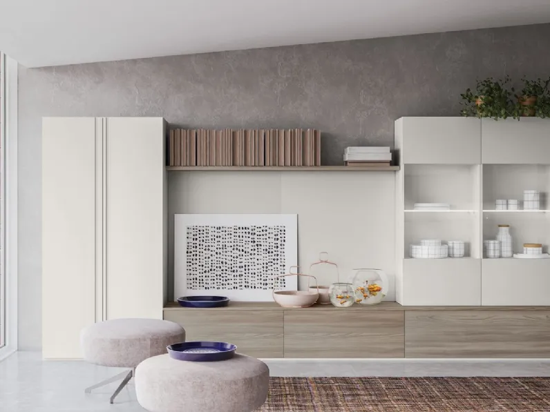 Parete Attrezzata Composizione Day M07 in melaminico Perla e Forestal Brown di Marka Total Living