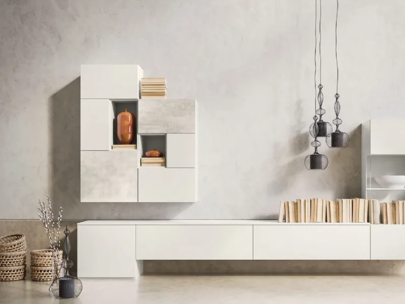 Parete Attrezzata Composizione Day M08 in melaminico Perla e Calce Bianca di Marka Total Living