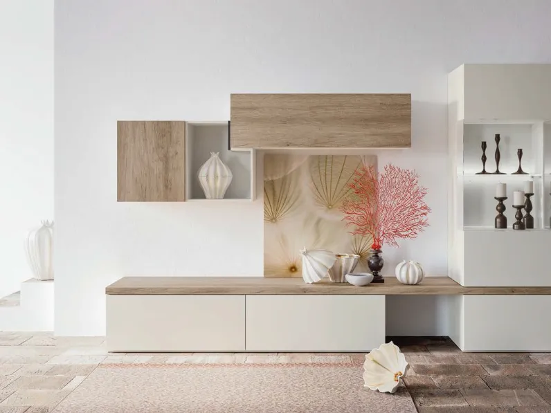 Parete Attrezzata Composizione Day M12 finitura Perla e Rockwood Cannella di Marka Total Living